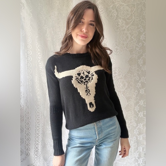 Western Bull Skull Sweater Desert Graphic Knit Pullover - Picture 11 of 16